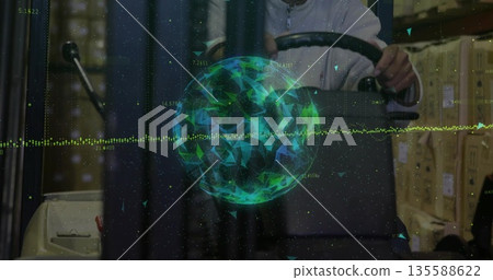 Forklift operator wearing jacket moving boxes in warehouse aisle, with hologram globe and data wave Forklift operator wearing jacket moving boxes in warehouse aisle, with hologram globe and data wave 135588622