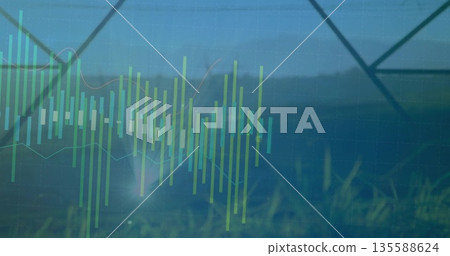 Displaying translucent candlestick bars and trend lines on grassy pylon field, with grid overlay Displaying translucent candlestick bars and trend lines on grassy pylon field, with grid overlay 135588624