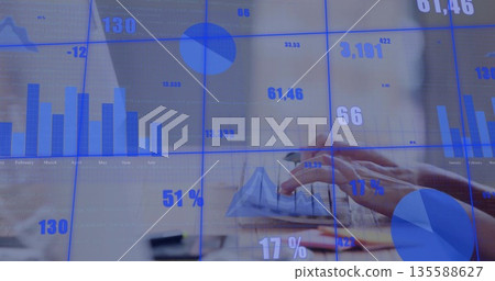 Typing data analyst's hands pressing laptop keys at wooden desk, with analytics dashboard overlay Typing data analyst's hands pressing laptop keys at wooden desk, with analytics dashboard overlay 135588627