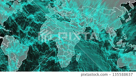 Showing outlined world map centered on Africa in display featuring grid borders and turquoise mesh 135588637