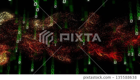 Swirling red and gold wave flowing through virtual cyberspace, with streams of green binary digits 135588638