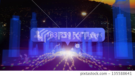 Streaming notification bubble with user silhouette over city skyline with charts and currencies 135588641