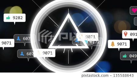 Displaying white triangle within rings on digital canvas, with notification icons, numeric counters Displaying white triangle within rings on digital canvas, with notification icons, numeric counters 135588643