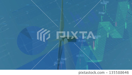 Displaying modern wind turbine in digital dashboard, with pie chart, candlestick and trend arrow 135588646