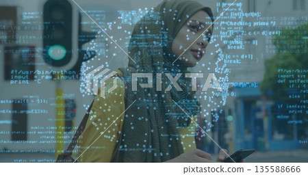 Standing woman wearing headscarf top at corner, with smartphone backpack traffic light code overlay Standing woman wearing headscarf top at corner, with smartphone backpack traffic light code overlay 135588666