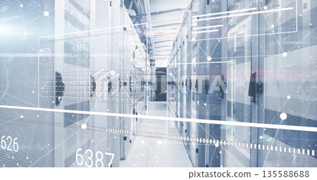 Displaying data center corridor with server cabinets, raised tiles, trays, switches and overlays Displaying data center corridor with server cabinets, raised tiles, trays, switches and overlays 135588688