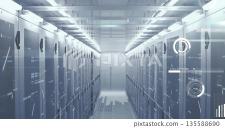 Central walkway running in data center server room, with rack servers, LED panels, HUD overlays Central walkway running in data center server room, with rack servers, LED panels, HUD overlays 135588690