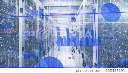Illuminating server room aisle displaying server racks, featuring live analytics overlay Illuminating server room aisle displaying server racks, featuring live analytics overlay 135588691