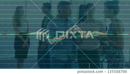 Analyzing data business casual team standing in meeting area, displaying graph overlay and chairs Analyzing data business casual team standing in meeting area, displaying graph overlay and chairs 135588700