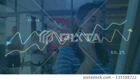 Analyzing businesswoman studying data on desktop monitor in office with digital charts, copy space Analyzing businesswoman studying data on desktop monitor in office with digital charts, copy space 135588722