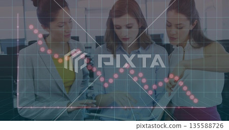 Three business professionals in blazers reviewing metrics on tablet in office, with grid overlay Three business professionals in blazers reviewing metrics on tablet in office, with grid overlay 135588726