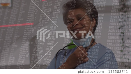 Holding mask under chin female nurse wearing stethoscope, displaying error code overlay in clinic 135588741