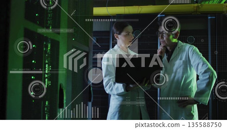 Analyzing data lab coat technicians holding laptop in server room with racks, cables, data overlays 135588750