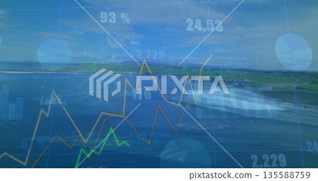 Overlaying aerial coastal view with yellow and green line graphs, bar charts, numbers on blue grid Overlaying aerial coastal view with yellow and green line graphs, bar charts, numbers on blue grid 135588759