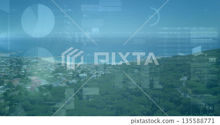 Displaying coastal landscape with wooded hills and sea horizon from overhead view with HUD overlays Displaying coastal landscape with wooded hills and sea horizon from overhead view with HUD overlays 135588771