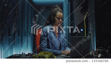Monitoring woman wearing denim working on laptop in server room, network cables and circuit boards 135588780