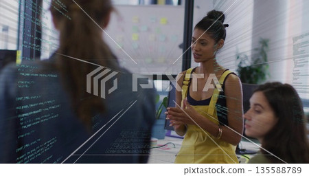 Presenting woman in yellow overalls explaining code in office workstation, sticky-note whiteboard Presenting woman in yellow overalls explaining code in office workstation, sticky-note whiteboard 135588789