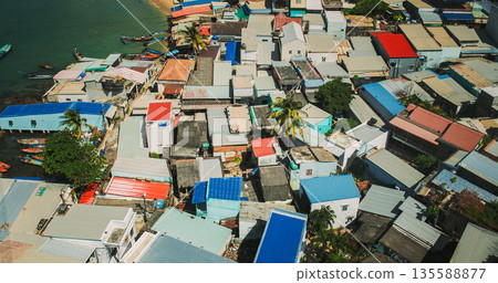 Aerial view of dense coastal neighborhood in Sunset Town, Phu Quoc, Vietnam Aerial view of dense coastal neighborhood in Sunset Town, Phu Quoc, Vietnam 135588877