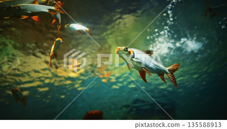 Silver Prochilodus Side View. Prochilodontidae Or Flannel-mouthed Characins. Silver Prochilodus And Pirapitinga Swim In Ocean Aquarium. Piaractus Brachypomus Also Known As The Red-bellied Pacu Or Silver Prochilodus Side View. Prochilodontidae Or Flannel-mouthed Characins. Silver Prochilodus And Pirapitinga Swim In Ocean Aquarium. Piaractus Brachypomus Also Known As The Red-bellied Pacu Or 135588913