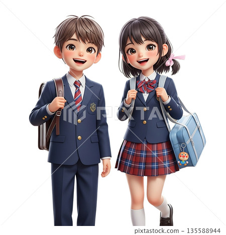 An exciting first day at school! Happy students in shining uniforms and school bags An exciting first day at school! Happy students in shining uniforms and school bags 135588944