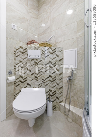 Modern toilet interior with wall-hung commode and marble tiles 135589086