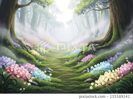 Dreamy Misty Forest Path with Milk Like Fog, Vivid Flowers, Green Moss, Pastel Color Grading, and Deep Perspective 135589141