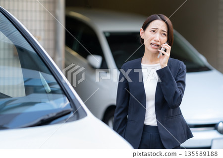 A middle-aged businesswoman working in a car A middle-aged businesswoman working in a car 135589188