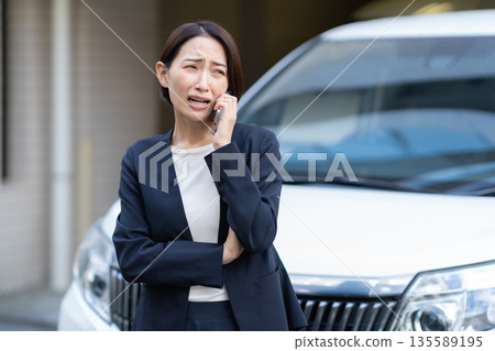 A middle-aged businesswoman working in a car A middle-aged businesswoman working in a car 135589195