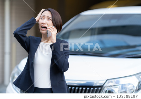 A middle-aged businesswoman working in a car 135589197