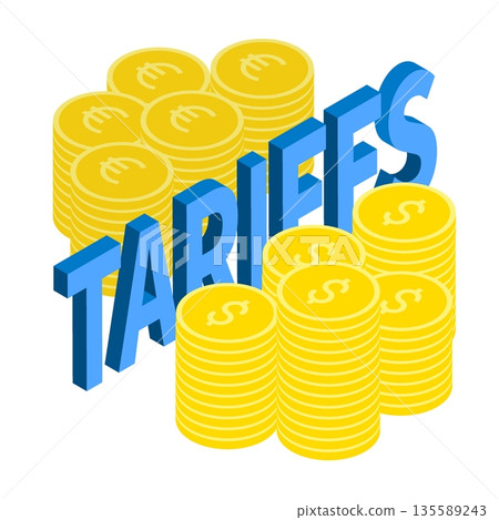Isometric dollar and euro coins separated by protective tariff barriers. Isolated cartoon vector on white background top view Isometric dollar and euro coins separated by protective tariff barriers. Isolated cartoon vector on white background top view 135589243