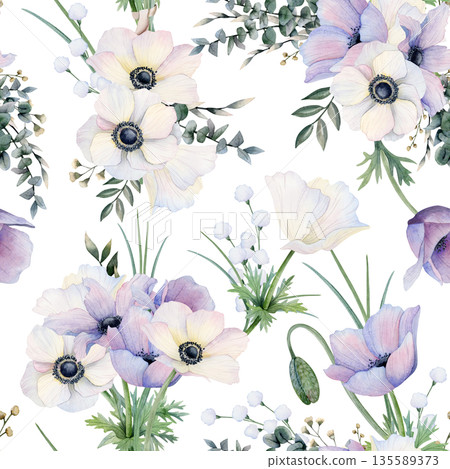 Filed flowers bouquets watercolor seamless pattern with purple and white anemones and grass. Wildflowers poppies botanical repeat background for elegant wedding, Mothers day and spring floral designs Filed flowers bouquets watercolor seamless pattern with purple and white anemones and grass. Wildflowers poppies botanical repeat background for elegant wedding, Mothers day and spring floral designs 135589373