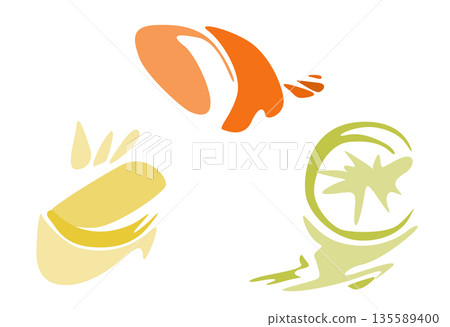 Dual-toned yellow, green and orange shapes with circular elements evoking freshness and vitality. Vector citrus juice splashes for food design, skincare packaging, or eco-lifestyle branding materials. 135589400