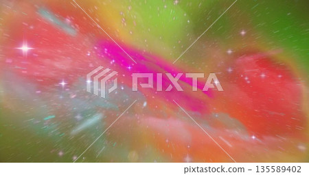 Swirling multicolored nebula cloud glowing in deep space with scattered stars and bright flares Swirling multicolored nebula cloud glowing in deep space with scattered stars and bright flares 135589402