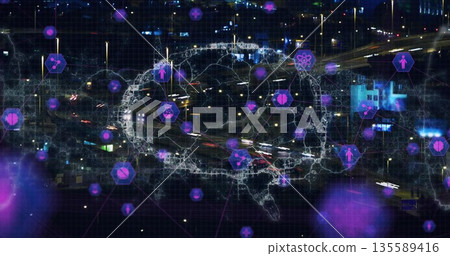 Displaying glowing digital brain network over nighttime highway, with faint grid, purple hex icons 135589416