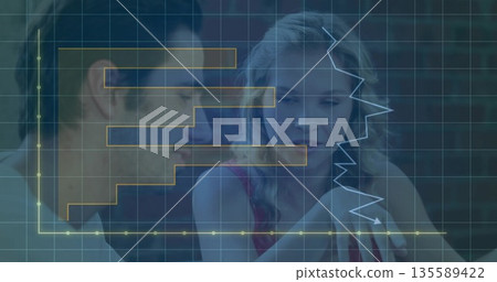 Leaning forward man with teen analyzing grid overlay at office, with yellow bars, white line graph 135589422