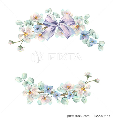 Watercolor floral frame with white apple blossoms, blue hydrangea, eucalyptus, and a purple bow. Hand-drawn spring botanical illustration for wedding and holiday design and decor. Watercolor floral frame with white apple blossoms, blue hydrangea, eucalyptus, and a purple bow. Hand-drawn spring botanical illustration for wedding and holiday design and decor. 135589463