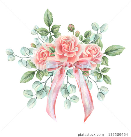 A watercolor bouquet with pink roses, eucalyptus leaves, greenery, and a satin bow. A delicate spring decoration for a wedding invitation. Hand-drawn illustration for design and decor. A watercolor bouquet with pink roses, eucalyptus leaves, greenery, and a satin bow. A delicate spring decoration for a wedding invitation. Hand-drawn illustration for design and decor. 135589464