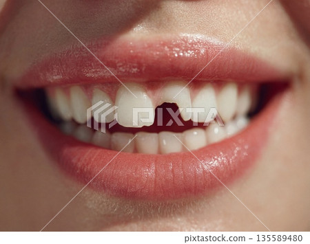 Person smiles showing a missing front tooth during daylight in a close-up 135589480