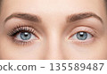 Difference in appearance of eyes with and without mascara shown on a model in a close-up view 135589487