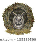 Fluffy gray rabbit in a dark hole on a pile of hay and straw, front view. Watercolor illustration of the animal in a realistic style is perfect for Easter cards, banners, postcards, and wallpaper. 135589599