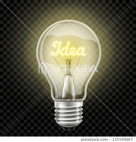 Glowing light bulb with the word idea , realistic 3D vector, isolated on a transparent background. Electricity. Glowing light bulb with the word idea , realistic 3D vector, isolated on a transparent background. Electricity. 135589867