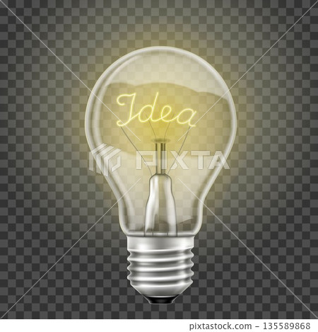 Glowing light bulb with the word idea , realistic 3D vector, isolated on a transparent background. Electricity. 135589868