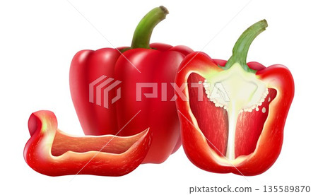 Bell pepper. Whole, half and slice red sweet bell pepper. Vector 3D realistic illustration for menu, poster, label. Isolated on white background. 135589870
