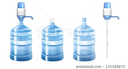 Pump water cooler and big bottle for office and home. Vector 3D realistic mockup of dispenser with pump for pouring clean water and large plastic gallon isolated on white background 135589873