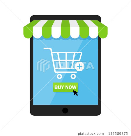 Tablet PC with a shopping cart and words buy now, isolated on white background, online shopping concept , flat design Tablet PC with a shopping cart and words buy now, isolated on white background, online shopping concept , flat design 135589875