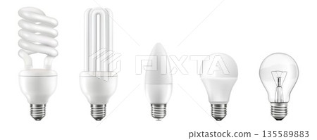 Light bulbs realistic 3D vector illustrations set. Different lightbulb types with various shapes isolated on white background. Halogen, led, incandescent, energy saving and CFL lamps. Modern 135589883