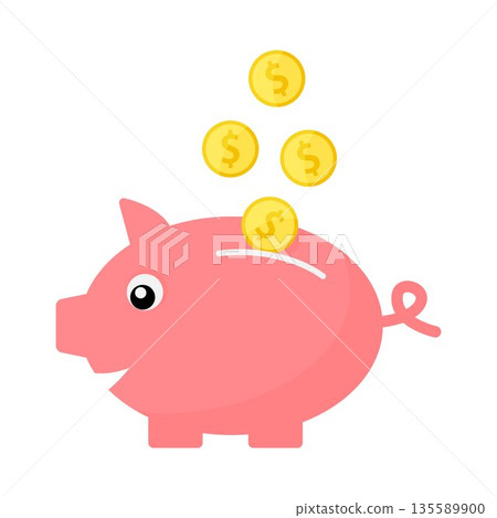 Flat pig and gold coin isolated on white background. Piggybank illustration concept. bank economy 135589900