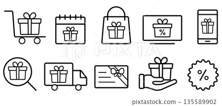 Gift icon set. ?ollection of linear simple web icons such as discount coupons, buy and send gift. Presents icon Gift icon set. ?ollection of linear simple web icons such as discount coupons, buy and send gift. Presents icon 135589902