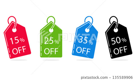 Set of sale labels 15, 25, 35, 50 percent discount, price tag. Flat design. Vector. 135589906