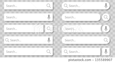 Search bar vector element with diferent design, set of ten search boxes ui template on gray background. Vector illustration. 135589907
